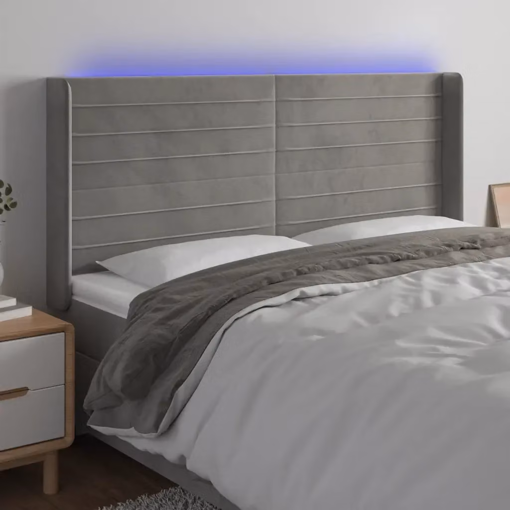 Testata del letto con illuminazione LED e porta di ricarica USB in velluto grigio chiaro L: 183 cm, P: 16 cm, H: 118/128 cm – 2