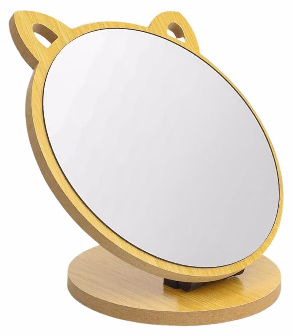 Specchio da trucco pieghevole a forma di gatto, in legno, rotondo, 15x13,5 cm