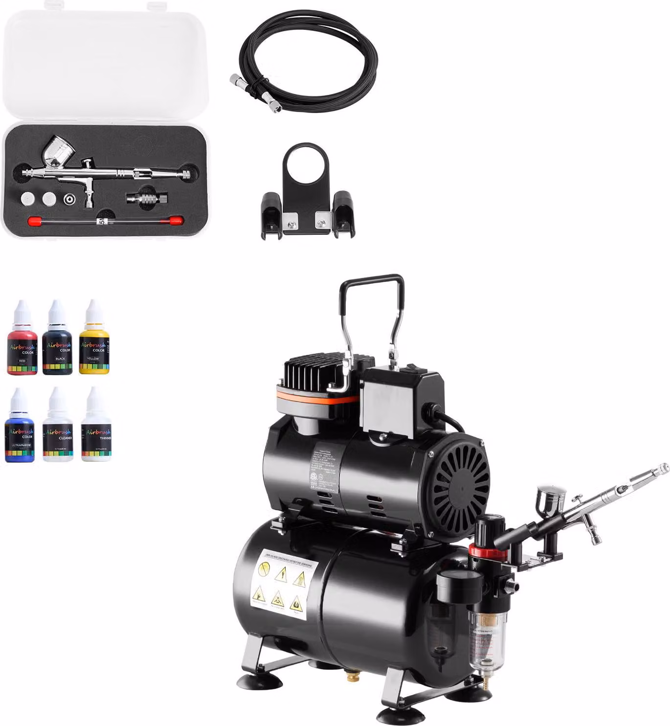 SucceBuy set aerografo 1/6 hp con compressore d'aria e serbatoio, pistola aerografo a doppia azione con tre ugelli (0,2/0,3/0,5 mm), tubo flessibile, colori acrilici e ventaglio, ideale per la decorazione di torte, la pittura di modelli e la decorazione d