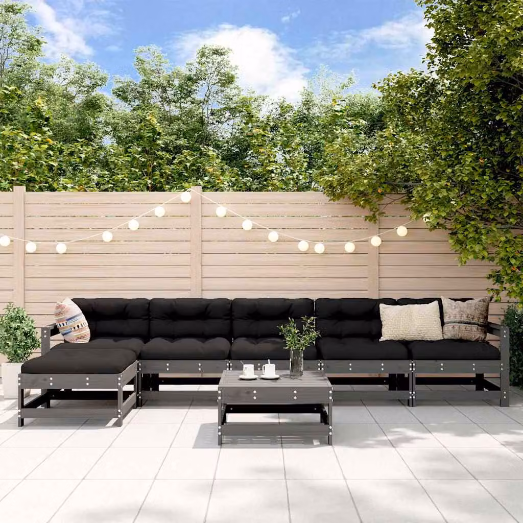 Set di Divani da Giardino vidaXL 7 Pezzi a Forma di L in Legno Massello con Cuscini Grigio e Nero