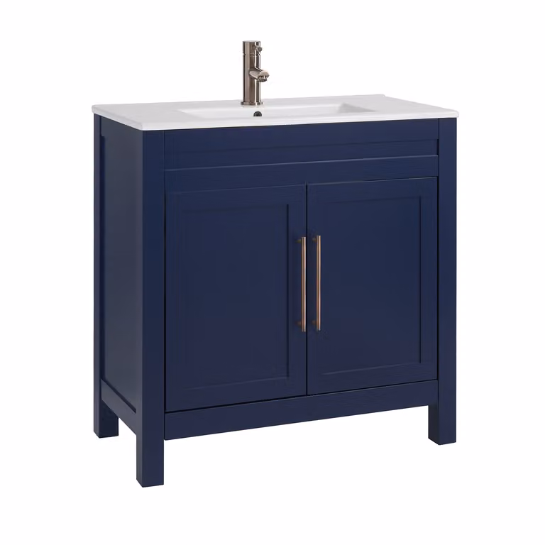 Mobile Bagno Blu Marino da 810mm con Lavabo e Maniglie Moderne con Barra a T in Bronzo Spazzolato - Warwick