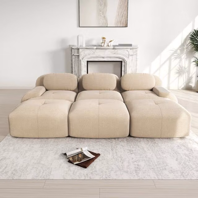 Divano 3 Posti Modulare MINIMAL con 3 Pouf in Tessuto a Coste Beige e Braccioli Larghi