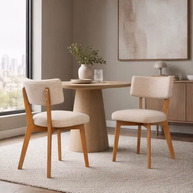 Set di 2 Sedie da Pranzo in Stile Mid-Century con Gambe in Legno Massello e Seduta Imbottita in Tessuto di Lino Khaki