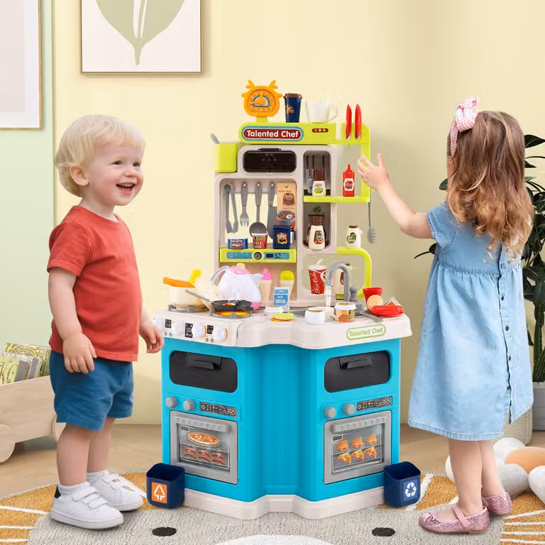 Cucina da gioco angolare Costway in legno con 75 accessori, suoni e luci, colore blu per bambini dai 3 anni in su