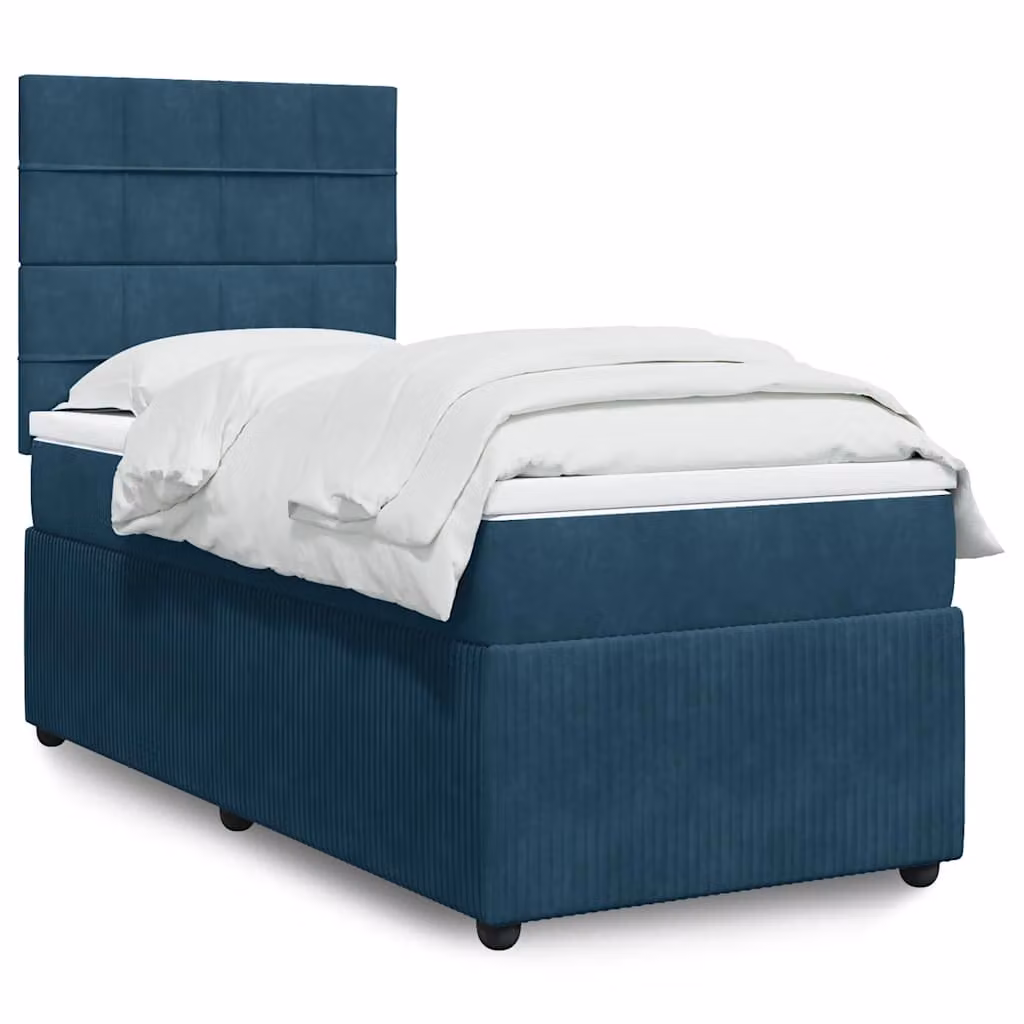 vidaXL Letto Ibrido con Materasso in Velluto Blu e Bianco, L/P/H: 90 x 200 cm – 1