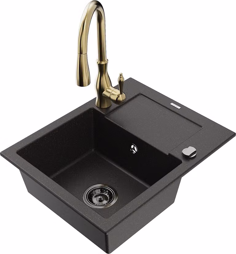 Mexen Enzo lavello in granito a 1 vasca con scolapiatti e rubinetto da cucina Savita, nero/oro metallizzato