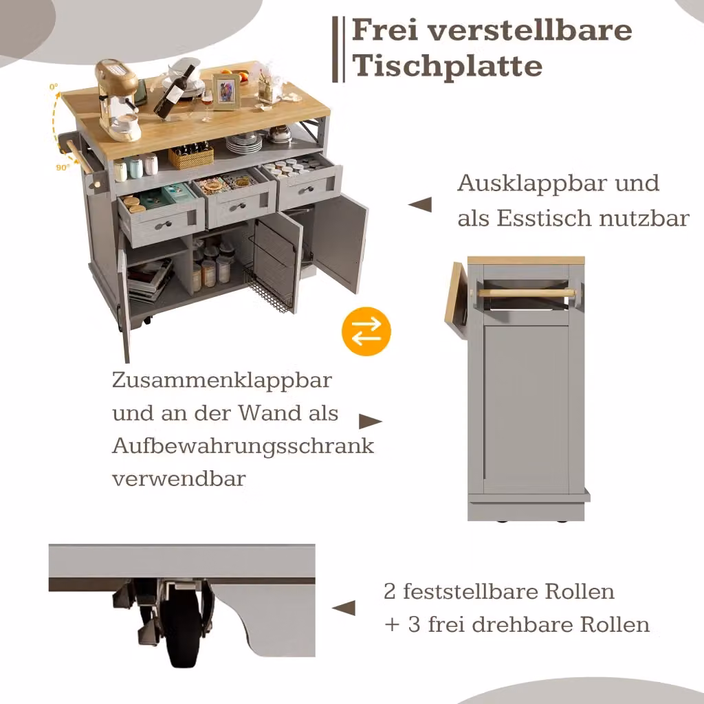 Isola da cucina moderna REDOM in MDF e metallo grigio con piano ribaltabile e ruote L: 118 cm, P: 43 cm, H: 98 cm – 2