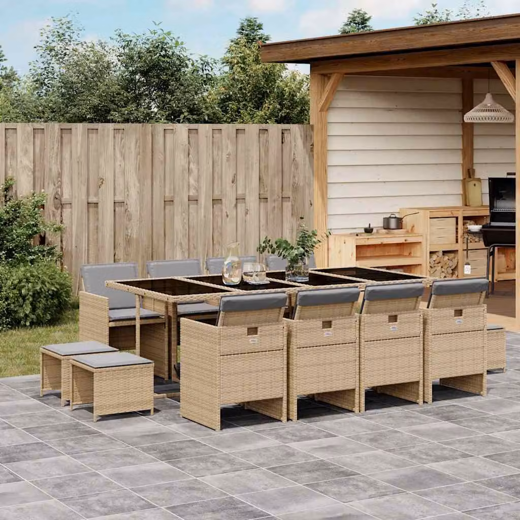 Set Pranzo da Giardino vidaXL 13 pz in Polyrattan con Cuscini Beige e Piano in Vetro – 1