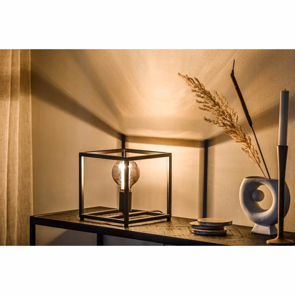 Lampada da tavolo a cubo KENDRA HOME in metallo nero, Altezza: 23 cm – 2