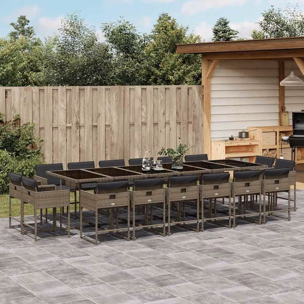 Set da pranzo da giardino vidaXL in polyrattan grigio con cuscini e piano in vetro, 17 pezzi – 1