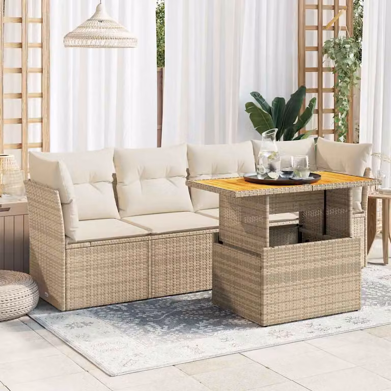 Set Divano da Giardino vidaXL 5 pz in Polyrattan Beige con Cuscini e Tavolino da Esterno