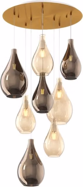 Lampadario Sospeso Contemporaneo Drop 2.0 in Metallo Ottone e Vetro Ambra e Bronzo con 8 Luci E27