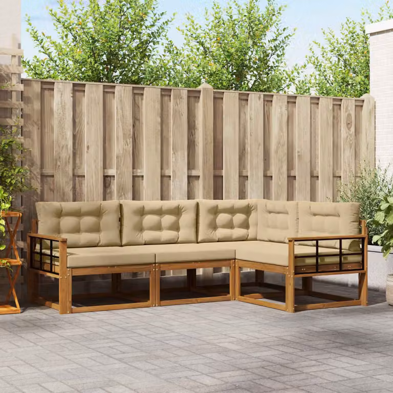 Set di divani da esterno vidaXL a forma di L in legno di acacia con cuscini, Beige e Marrone