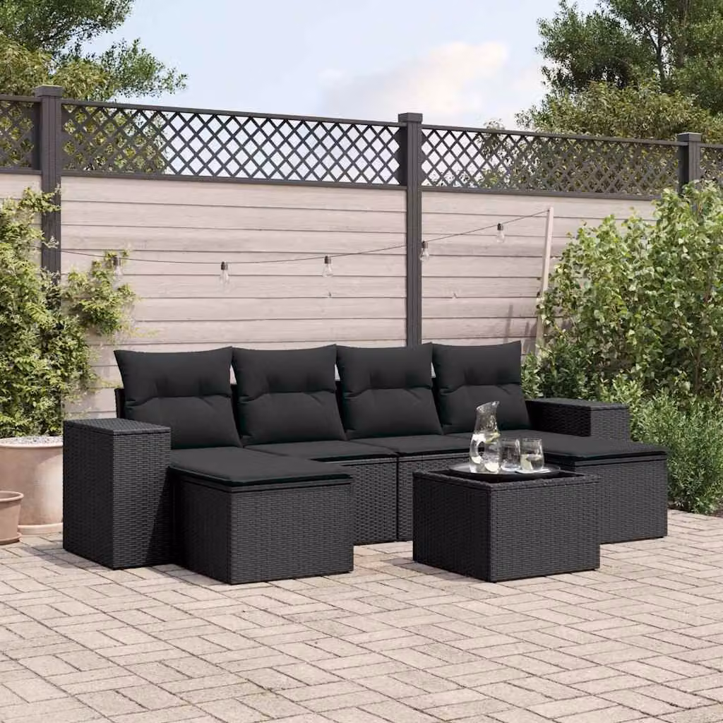 vidaXL Set Divani da Giardino Moderno in Polyrattan Nero con 7 Pezzi e Cuscini Imbottiti – 1