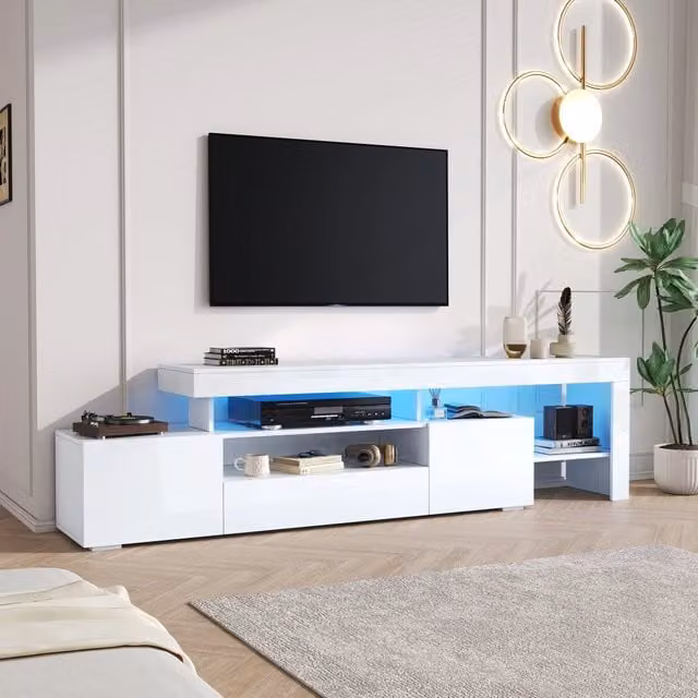 Mobile TV Mivray moderno in truciolare bianco lucido con 3 ante a ribalta e illuminazione LED integrata via app per TV fino a 85 pollici L: 192 cm, P: 37 cm, H: 53 cm