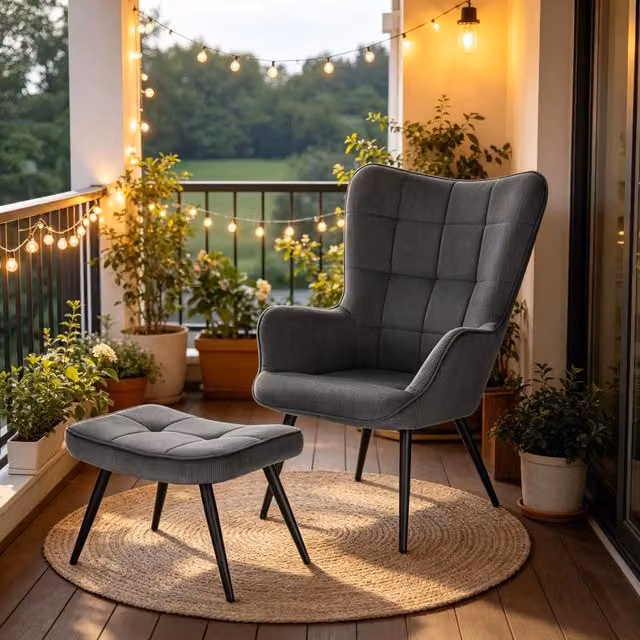 Poltrona lounge MIVRAY in velluto a coste grigio scuro con poggiapiedi coordinato e struttura in metallo H: 97 cm, L: 50 cm, P: 49 cm – 1