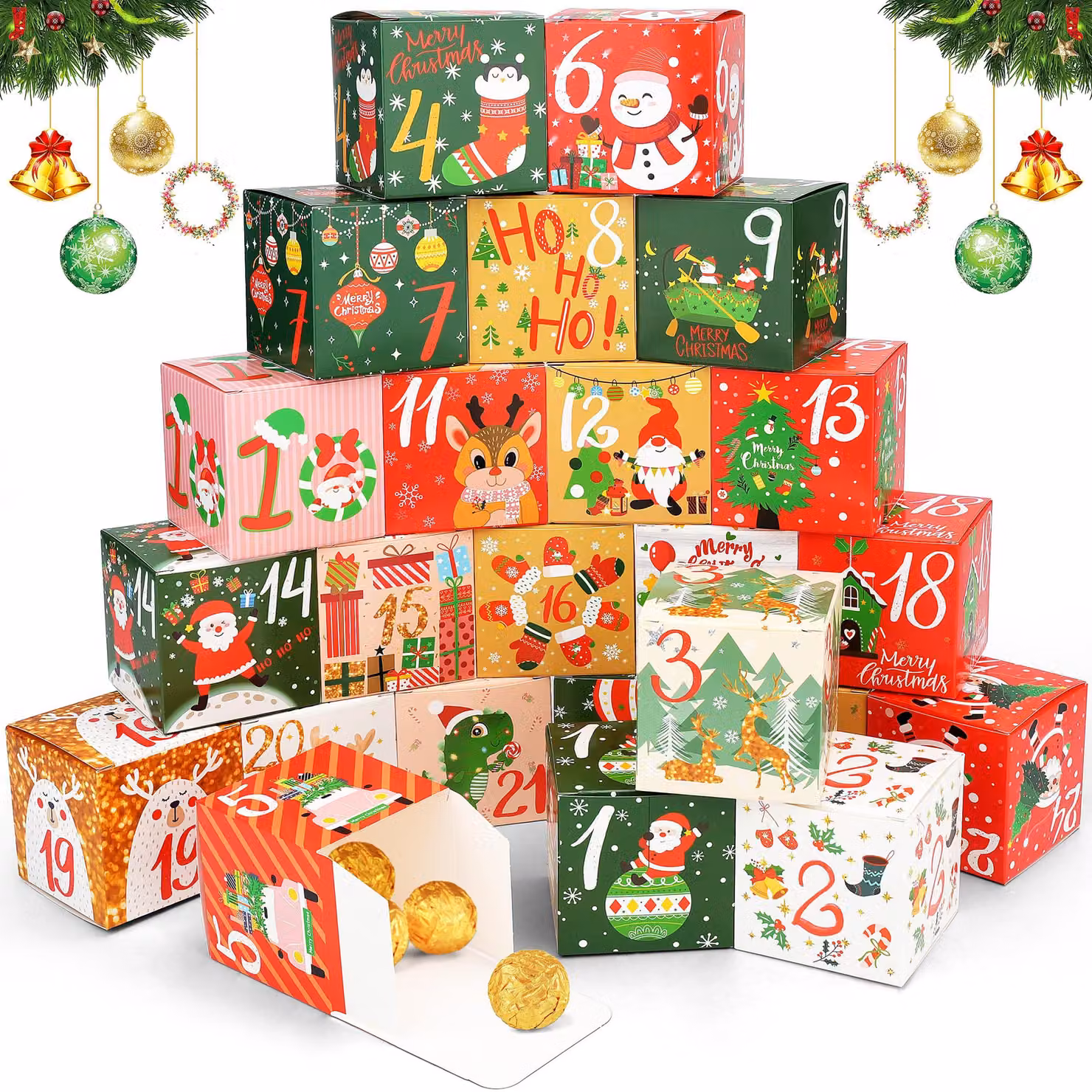 Set di 24 scatoline per l'avvento, da riempire, colorate, 7x7x7 cm, pieghevoli