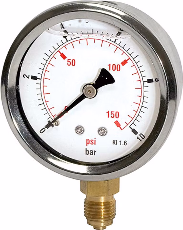 Manometro a glicerina Riegler "linea di pressione" G 1/4 fondo, 0-10,0 bar/150 psi, Ã˜63