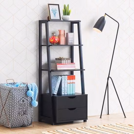 Scaffale a Libri con 4 Livelli, 4 Cassetti in Legno Moderno, Organizzatore con Porte, Armadio per Bagno, Piattaforma per Piante, Mobili per Ufficio Casa, Nero
