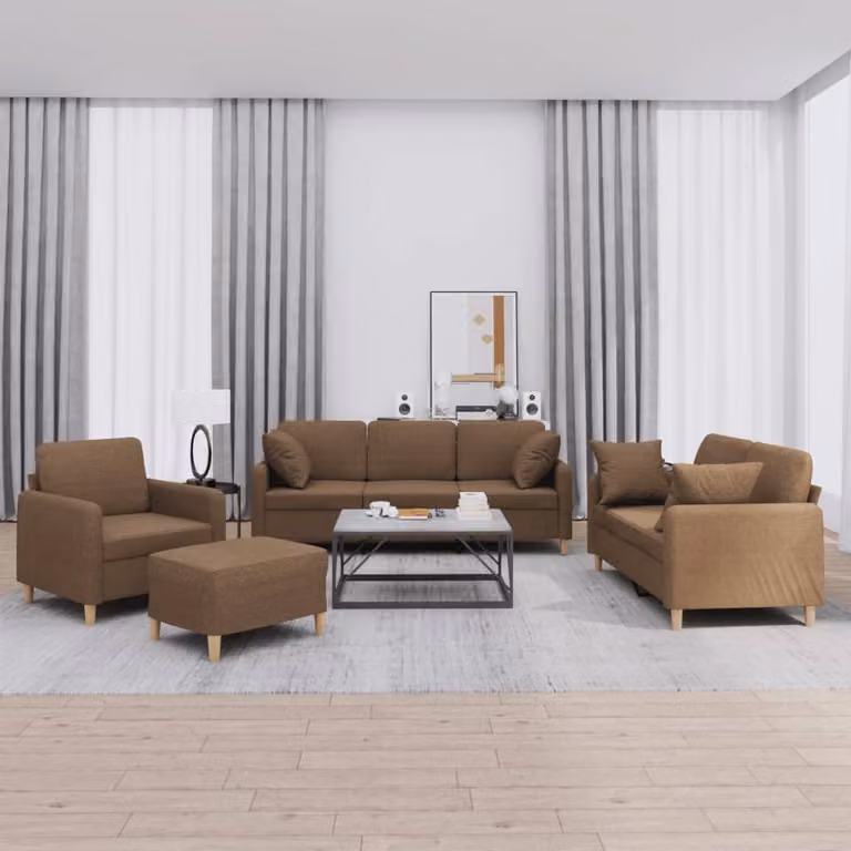Set di divani vidaXL 4 pezzi in tessuto marrone con pouf e cuscini per soggiorno moderno
