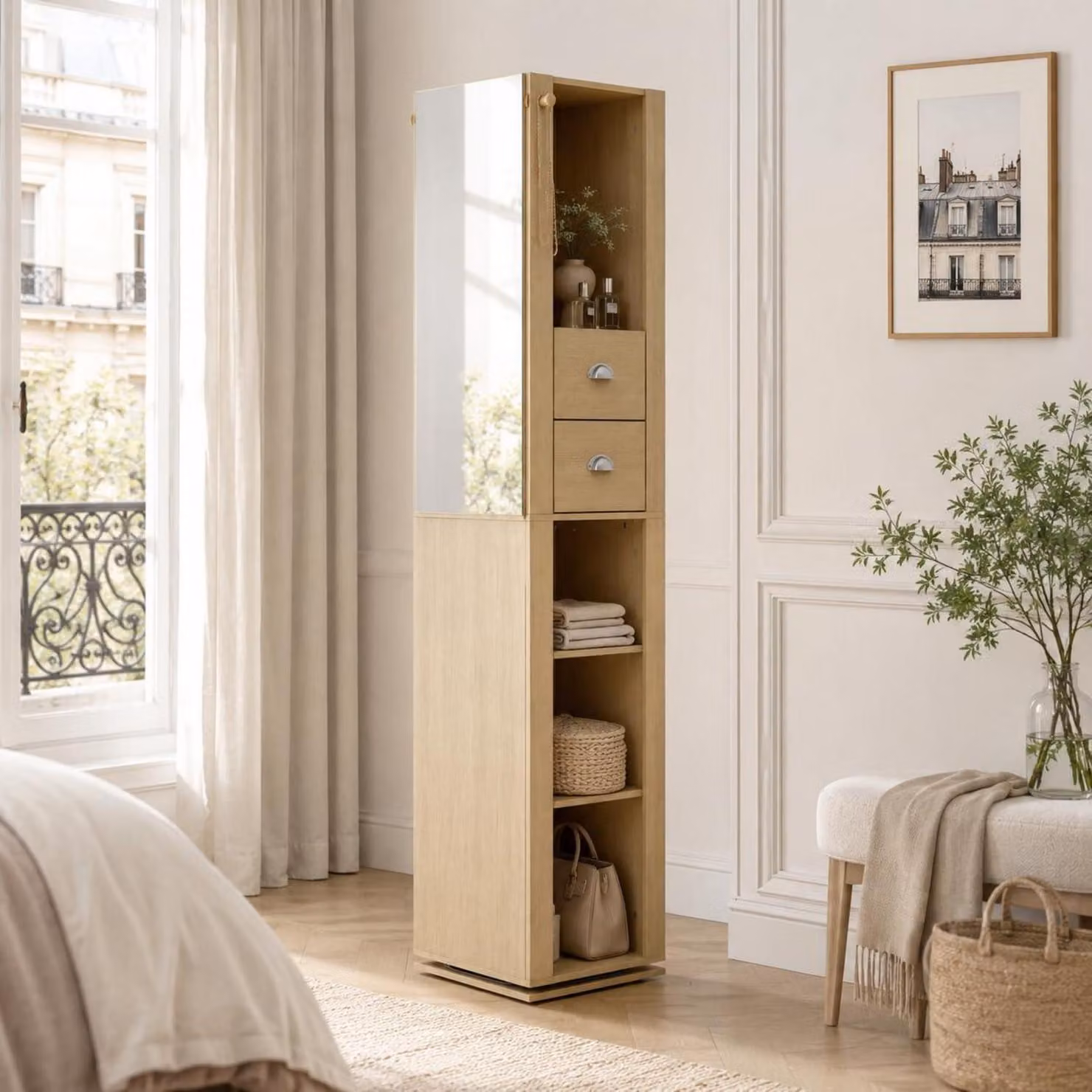 Specchio girevole con armadietto, mobile alto per ingresso e camera da letto, aspetto legno, 40 x 35 x 165 cm
