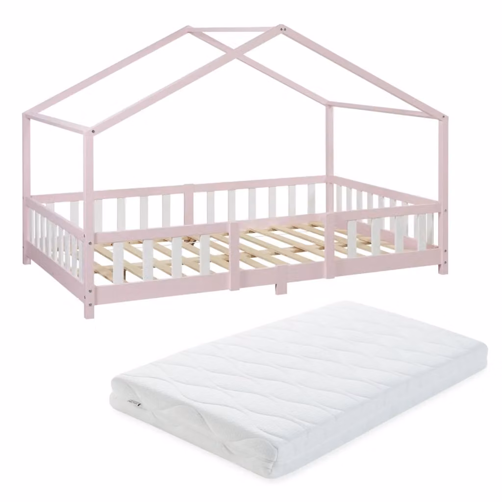 Letto per cameretta Treviolo a forma di casetta in stile Montessori con materasso en.casa Rosa/Bianco L/P/H: 200 x 120 x 138 cm – 2