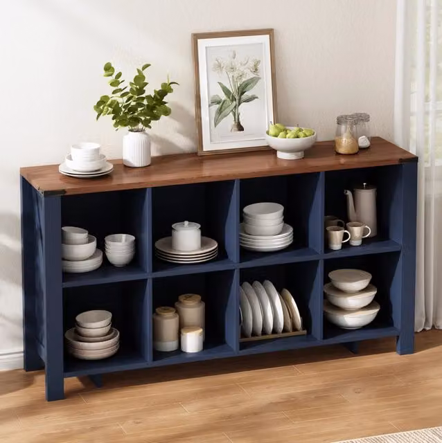 Libreria Orizzontale Blu in MDF con 8 Vani, 140x34x75 cm