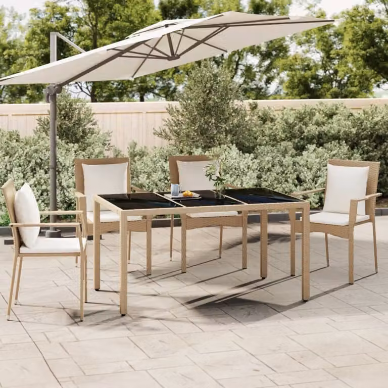 The Living Store Tavolo da giardino con piano in vetro Beige Poly Rattan e vetro temperato