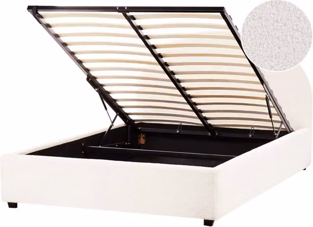 Letto contenitore matrimoniale imbottito tessuto bianco sporco retrò minimalista 140 x 200