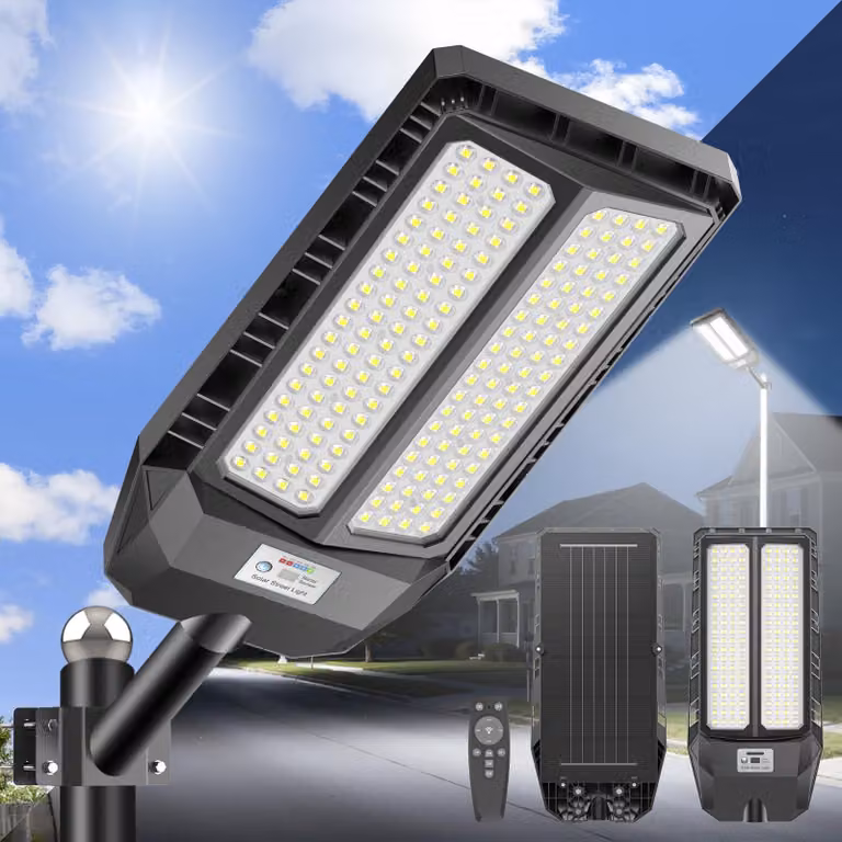 Lampione solare con 16 LED, grado di protezione IP66, luminosità di 1500 lumen, temperatura di colore 6500K, colore nero