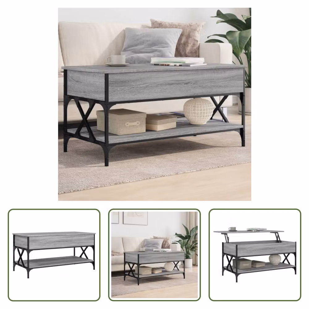 The Living Store Tavolino Grey Sonoma 100x50x50 cm Materiale a base di legno e metallo