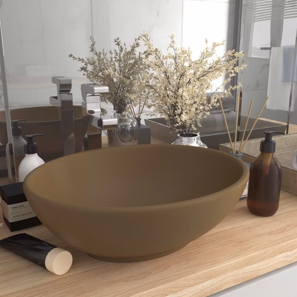 The Living Store Lavabo ovale Crema opaco 40x33 cm in Vetroceramica