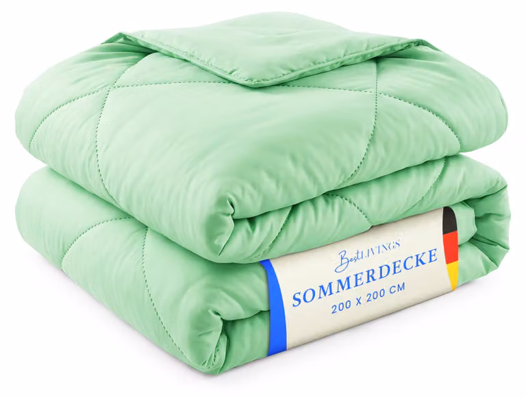 Coperta estiva 200x200 cm color menta, trapunta leggera, microfibra, traspirante, utilizzabile senza coprimaterasso, classe termica 2, ideale anche per viaggi e campeggio