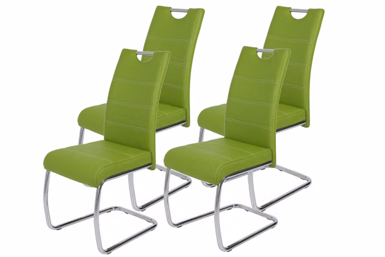 Hela Tische, set di 4 sedie per sala da pranzo a sbalzo Flora - rivestimento in Pelle finta verde - struttura in metallo a tubo tondo cromato - portata 120 kg - schienale con maniglia