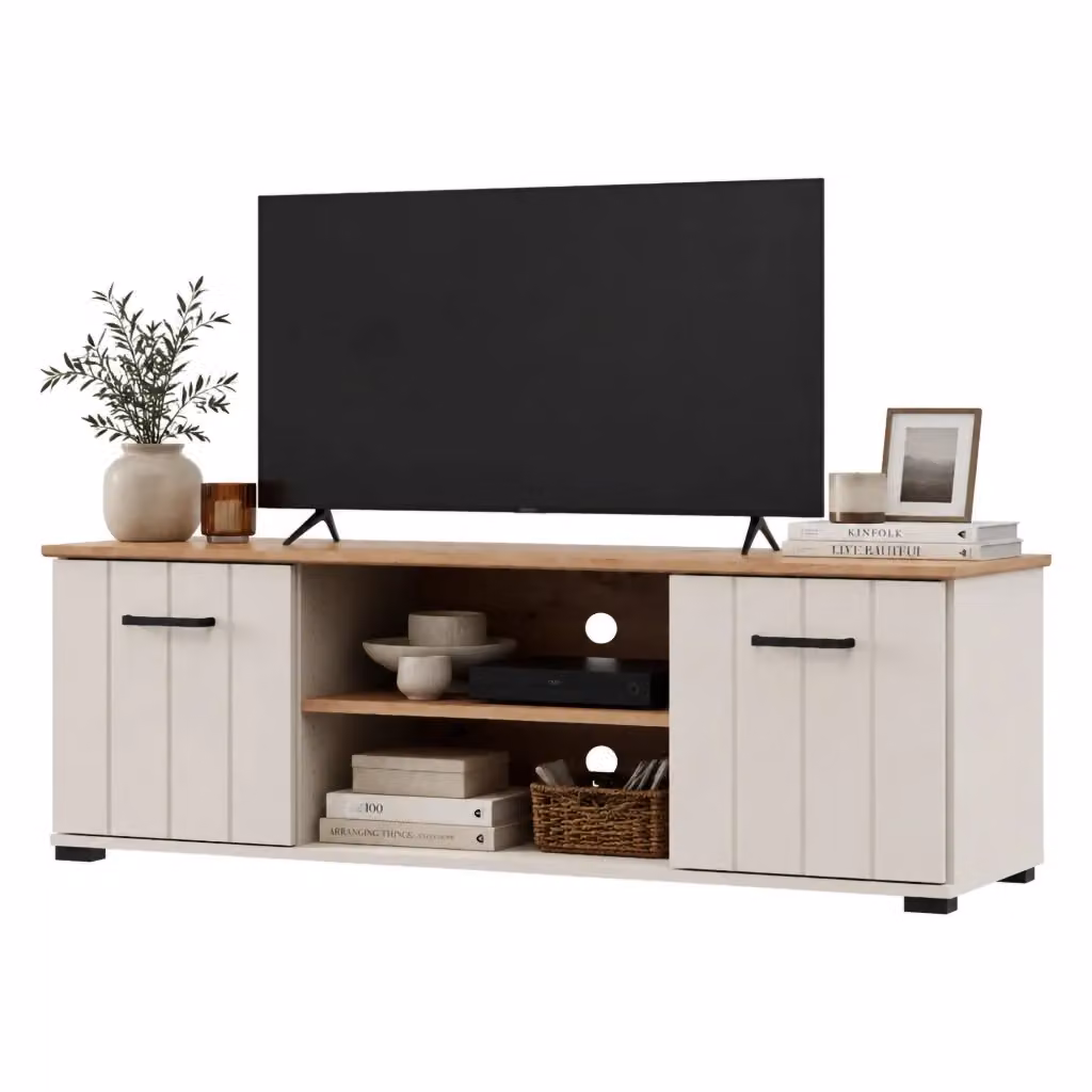 DMORA Mobile Porta TV Valda con 2 Ripiani, Colore Beige e Rovere, L 137 x P 40 x H 44 cm – 2