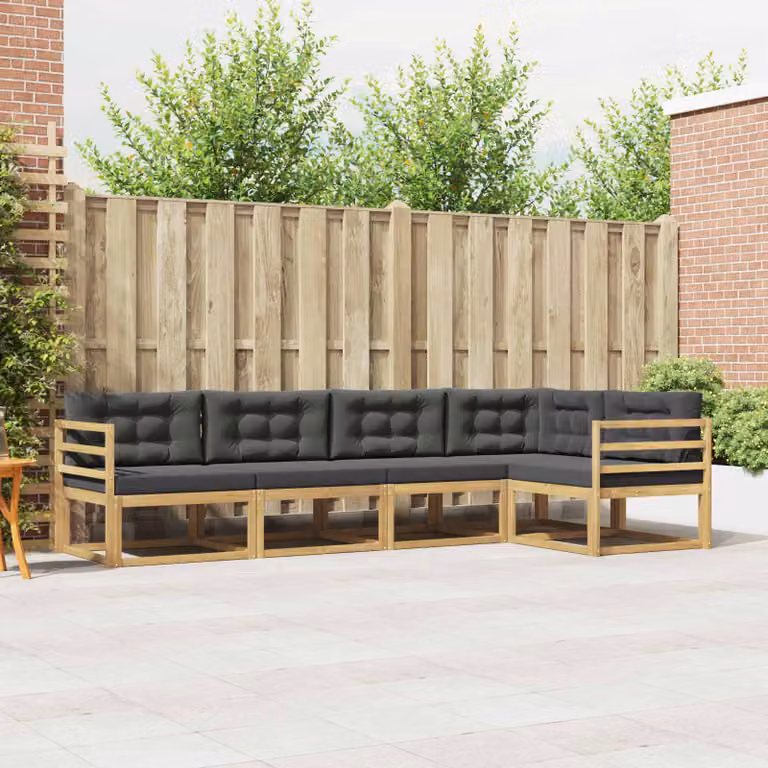 vidaXL Set di divani da esterno a L con cuscini, struttura in legno di acacia e tessuto bianco e antracite