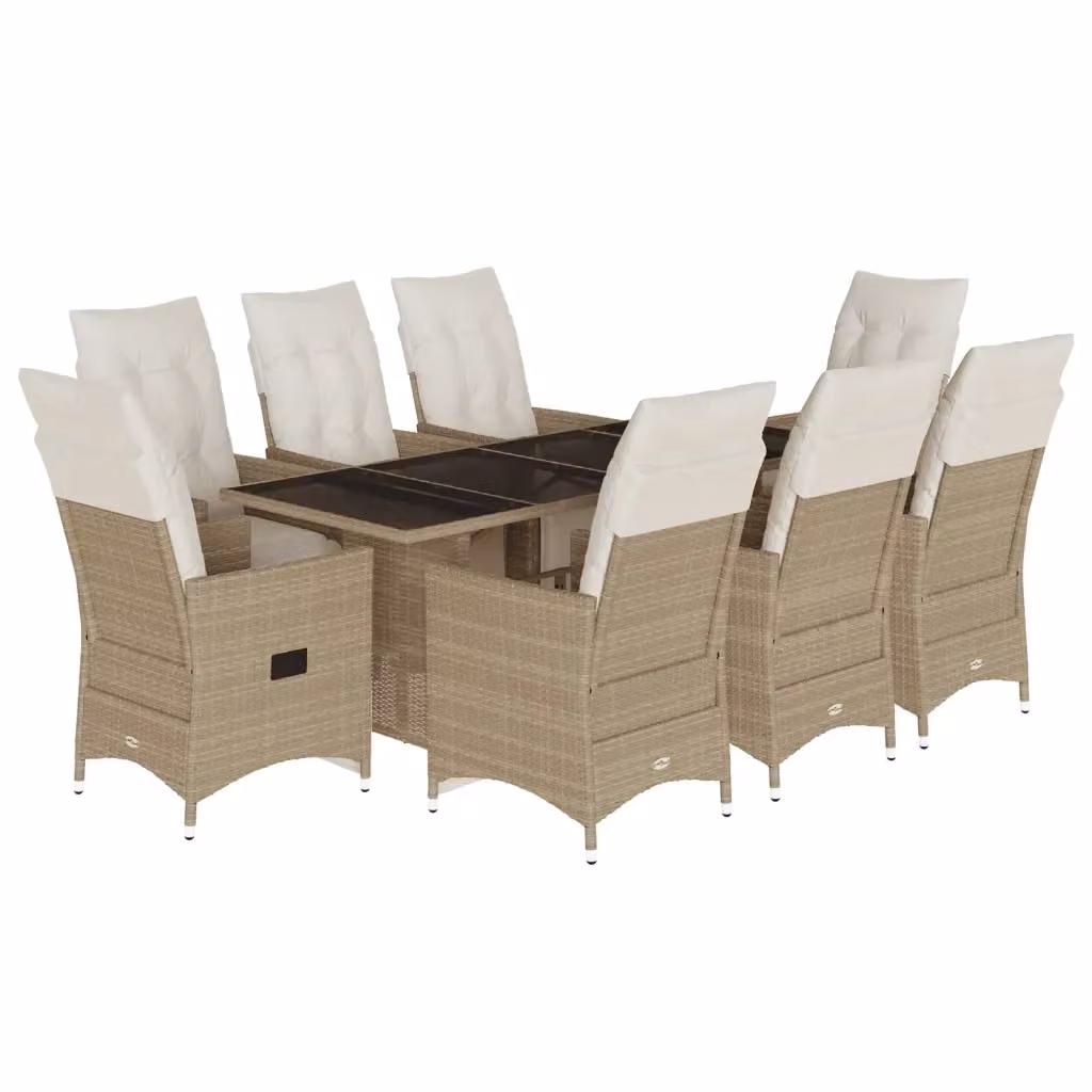 Set da Bistrò da Giardino vidaXL 9 pz in Polyrattan con Cuscini Beige e Piano in Vetro – 2