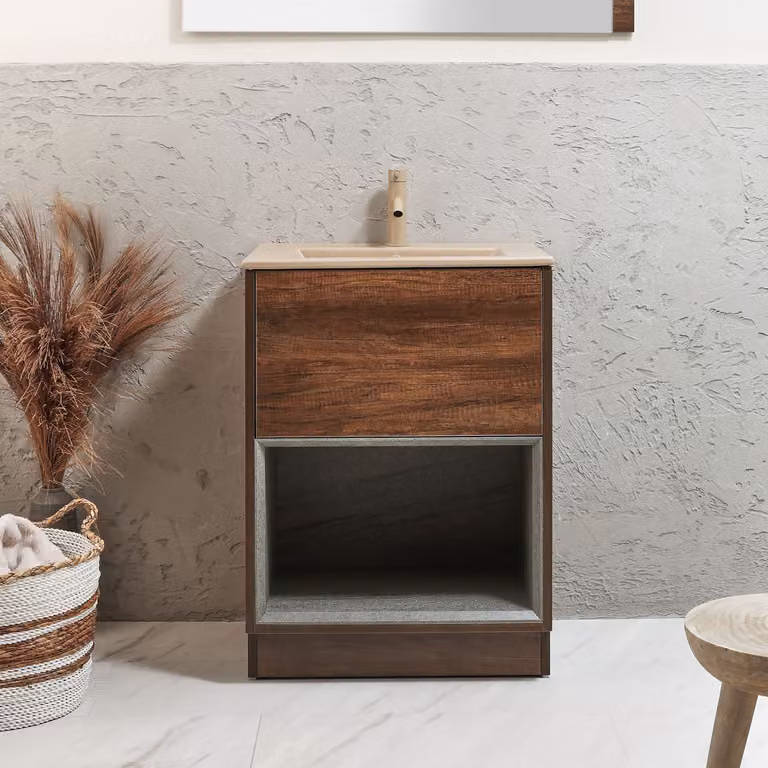 Mobile Bagno con Ripiano Aperto in Rovere Scuro da 612mm con Lavabo Beige (Sand) - Hoxton