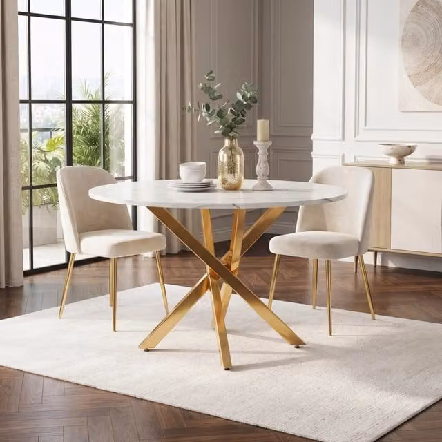 Tavolo da pranzo rotondo 80 cm in MDF con piano effetto marmo e gambe dorate, bianco e oro