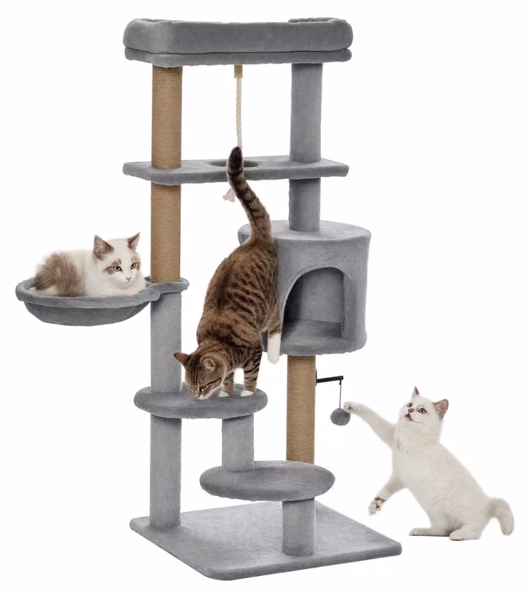 Tiragraffi per gatti - Tiragraffi da 120 cm - A più piani - Con cuccia e tana - Pallina da gioco appesa a una corda - In legno