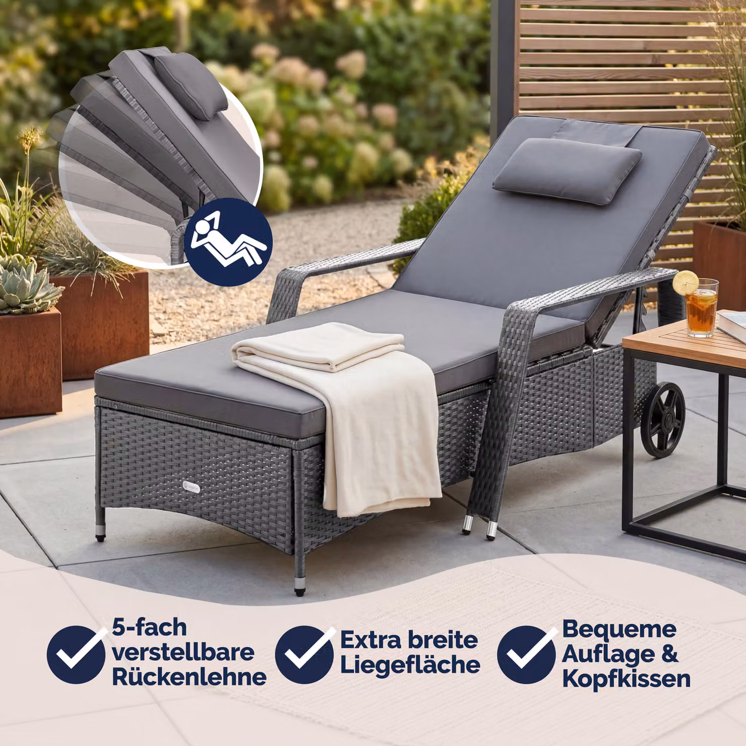 Sdraio da giardino Casaria in polyrattan grigio antracite con poggiatesta regolabile e ruote L/P/H: 193 x 90 x 43 cm – 3