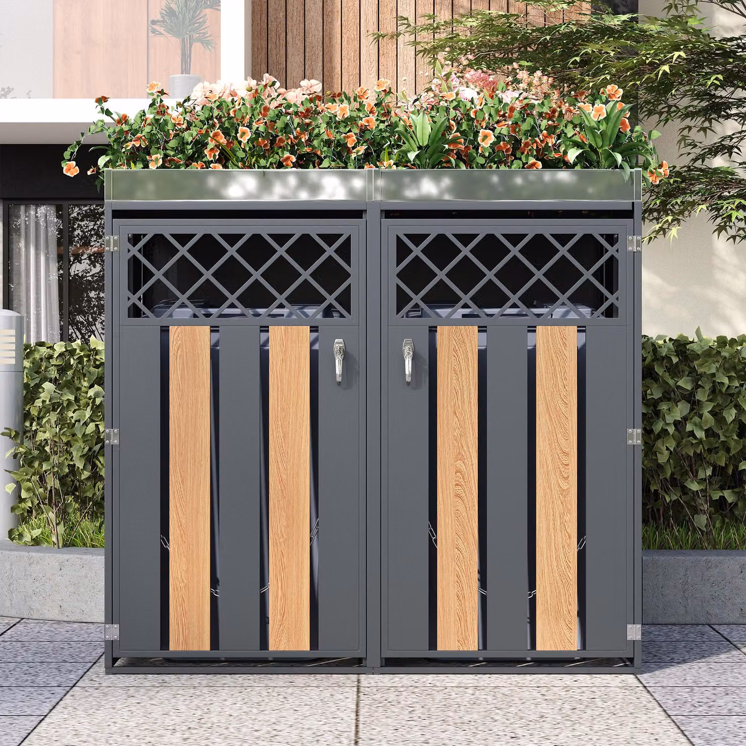 Set di 2 Mobile portarifiuti con fioriera GL Store chiudibili a chiave, Grigio e Colore naturale, L 132 cm x P 80 cm x H 124,5 cm – 2