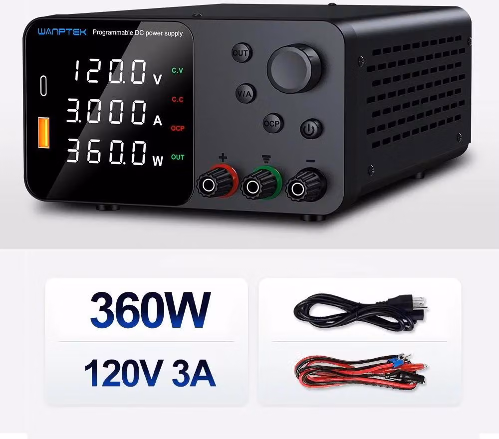 Alimentatore da laboratorio DC - TPS1203 120V 3A - Alimentatore da laboratorio regolabile - Alimentatore switching 50/60Hz - USB-A e USB-C - Protezione da sovracorrente (OCP) e allarme di cortocircuito - Uscita singola