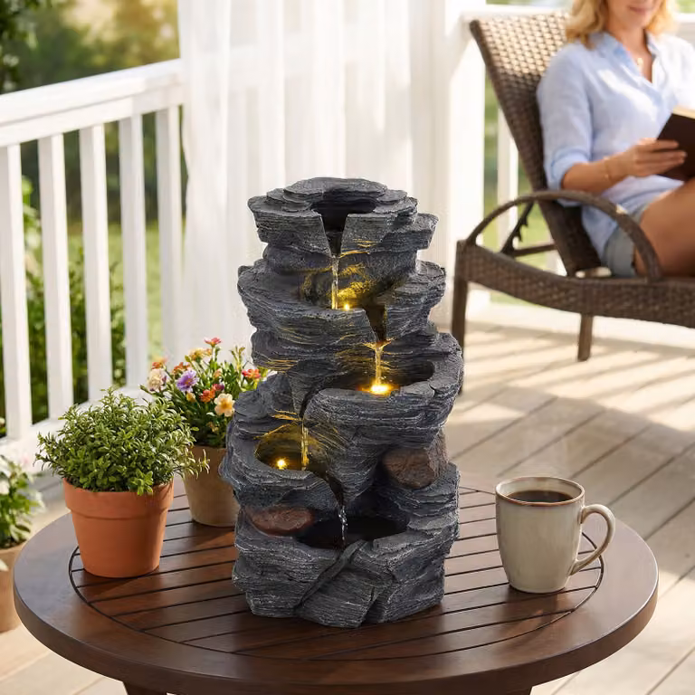Fontana da giardino a cascata Costway con 5 livelli, LED e pompa regolabile in resina effetto roccia, colori nero e grigio, per interni ed esterni