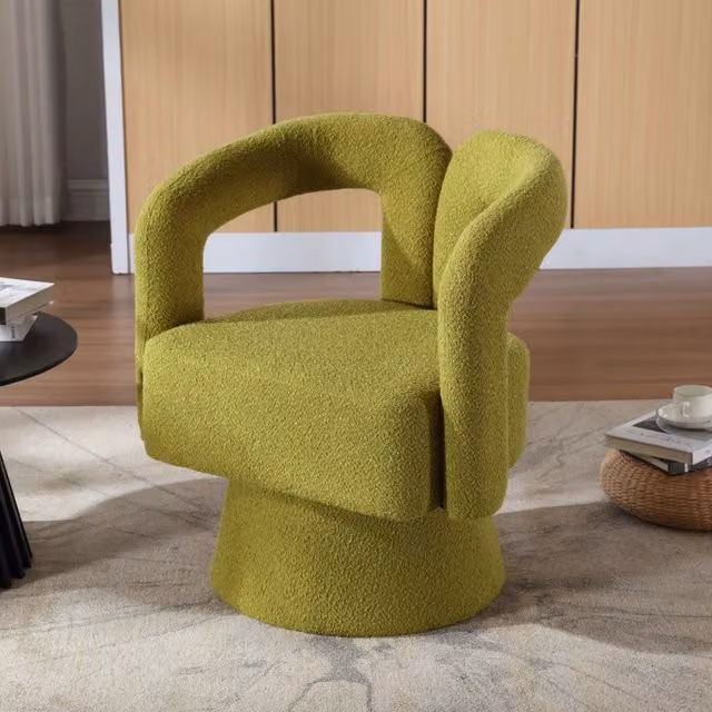 Poltrona Girevole a 360° in Bouclé Oliva con Struttura in Metallo e Legno, 67x55x74 cm