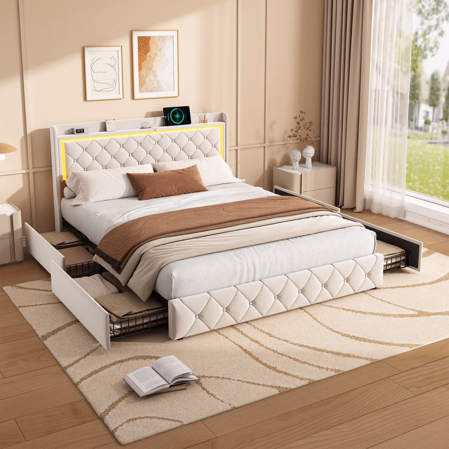 Letto imbottito UnboxG - letto matrimoniale 140x200cm beige, 4 cassetti, testata LED e USB/Type-C - letto contenitore in tessuto vellutato