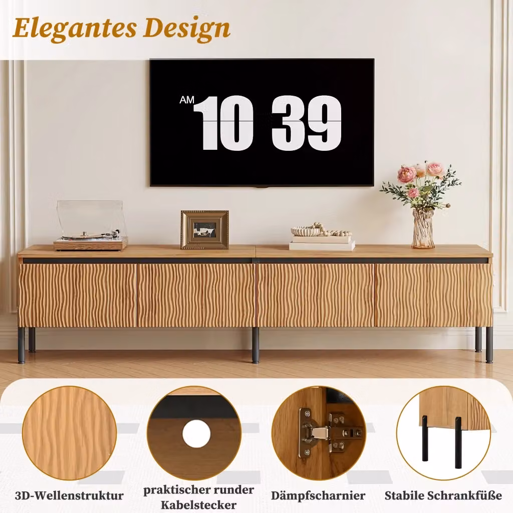 Mobile TV REDOM beige con 4 ante a rilievo ondulato L/P/H: 180 x 35 x 43 cm – 2