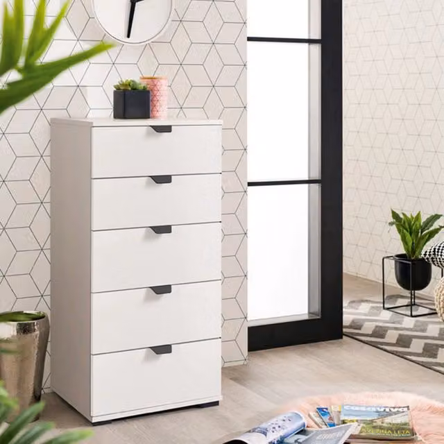 Cassettiera Mainarda con 5 cassetti in stile moderno, colore bianco, L: 45 cm, P: 40 cm, H: 95 cm