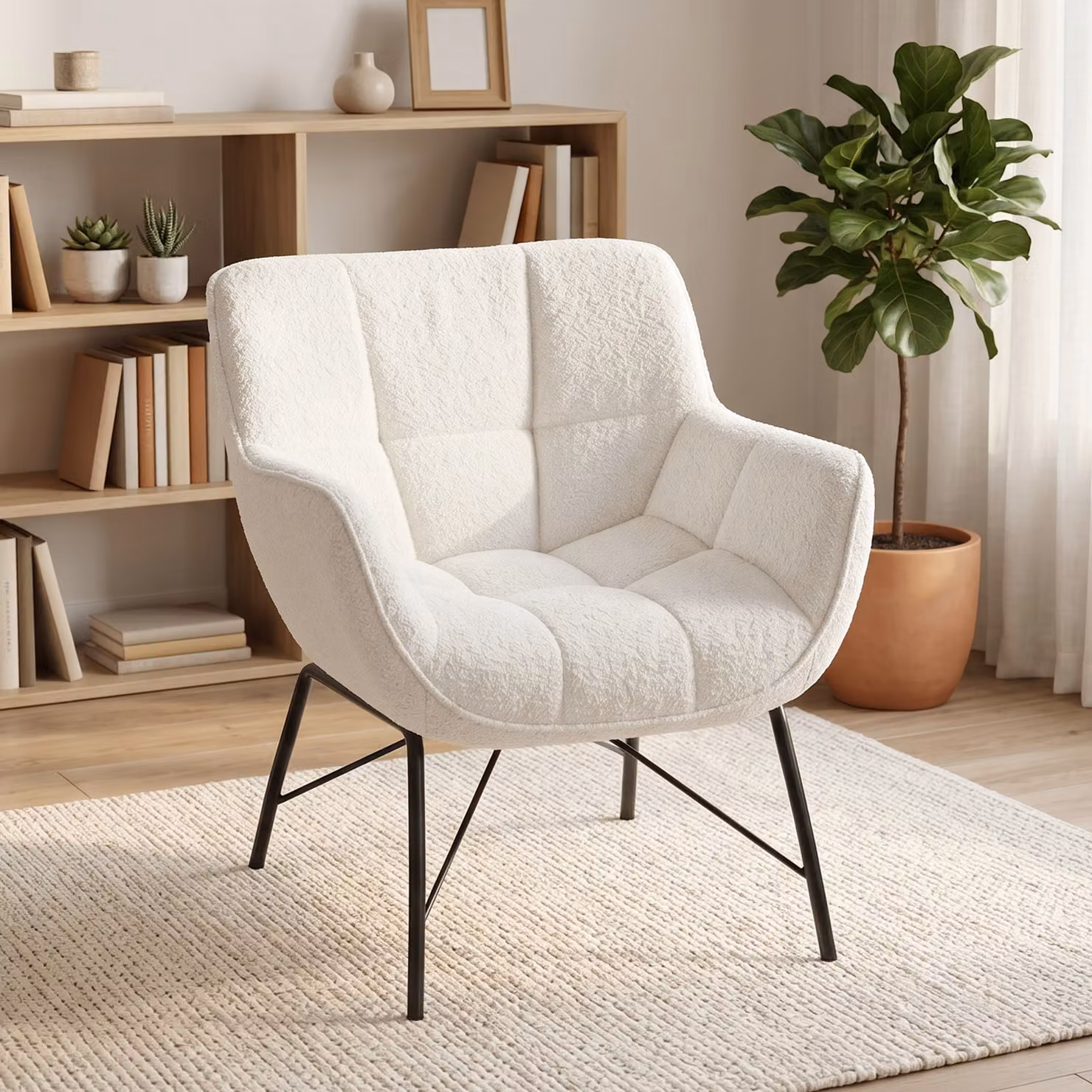 Poltrona Moderna HOMCOM con Schienale Curvato, Braccioli Integrati e Rivestimento in Bouclé, Bianco e Beige, L: 69 cm, P: 68 cm, H: 78,5 cm – 2