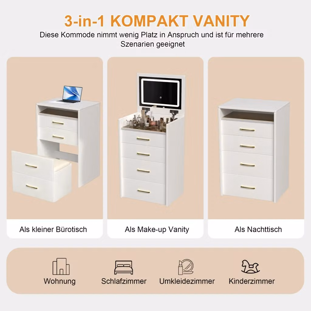 Toeletta 3 in 1 REDOM con specchio triplice e piano in vetro, bianca, moderna – 2